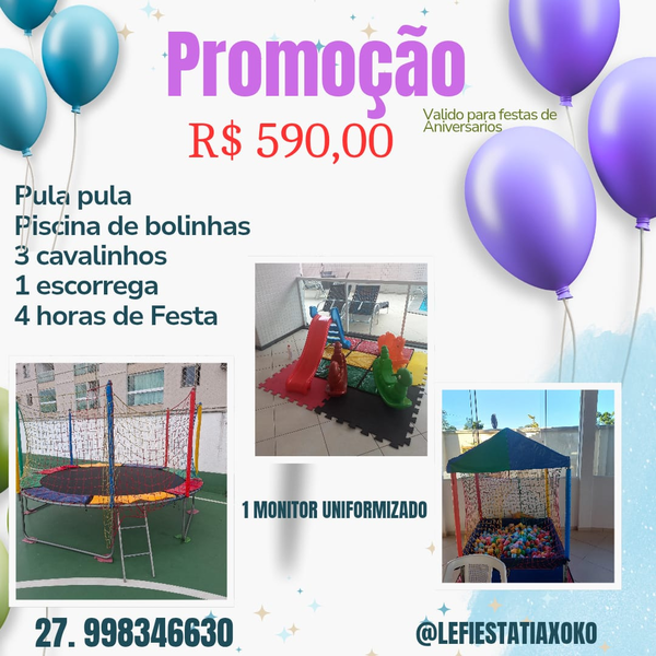 Aluguel de Pula Pula, Piscina de Bolinhas, 3 Cavalinhos e 1 Escorrega